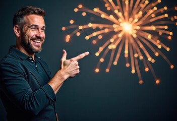 Holiday winter or Christmas dark background with happy man points a finger at free space and firework, promo poster template