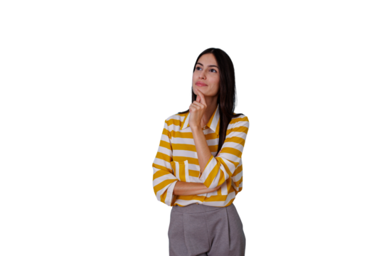 Woman thinking and contemplating up, finding solutions, having new ideas, making decisions, on transparent background