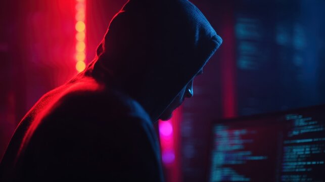 Hacker Man Wearing Hoodie Working on Computer in Dark Cybersecurity Environment