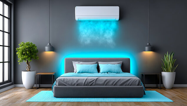 Chic modern bedroom design. This bedroom showcases a sleek aesthetic with a bed, ambient lighting, and a modern air conditioning unit. - Powered by Adobe