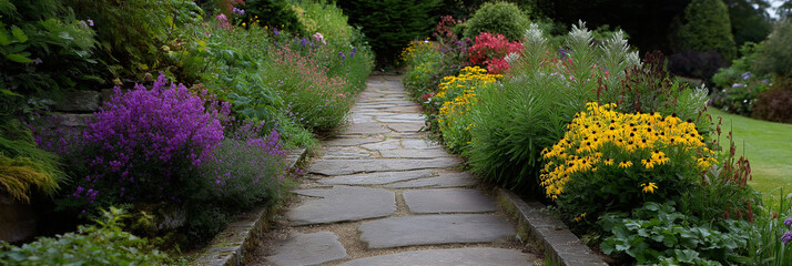 A charming stone pathway lined with vibrant flowers on either side, inviting viewers to take a leisurely stroll through this enchanting garden scene.