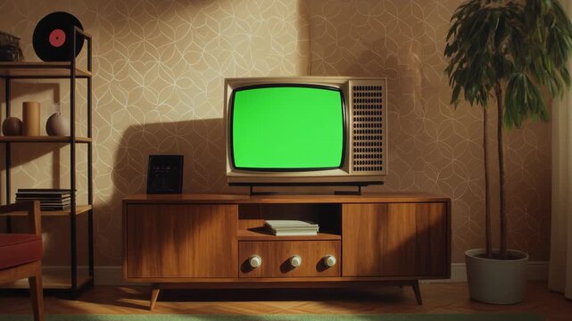 Vintage television with green screen on mid century modern media console in retro living room with plant and vinyl record