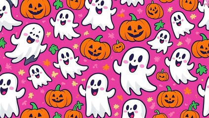 Naklejka premium Festive Halloween Pattern with Cute Ghosts and Pumpkins Perfect for Spooky Season Designs and Celebrations
