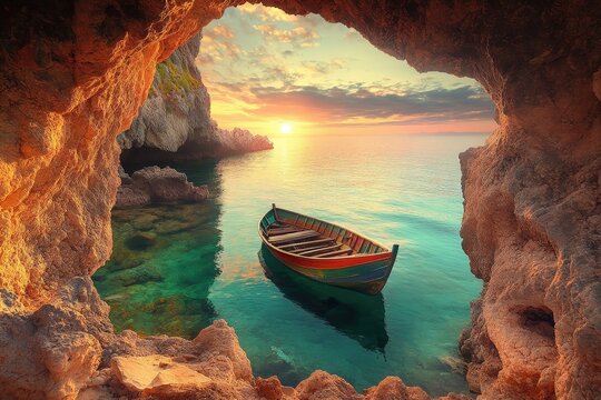 A colorful fishing boat rests peacefully in a calm cove, framed by a rocky cave entrance at sunrise, showcasing a serene and tranquil scene.