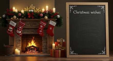 Cozy Christmas scene with fireplace, stockings, gifts, and a chalkboard