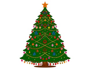 A cartoon Christmas tree, decorated with ornaments, lights, and a star. It stands alone against a white background