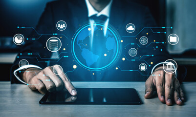 A global business network and digital infrastructure concept. A worldwide connection of services including data, finance, and secure communication. Motif