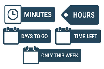 Vector icons set illustrating countdown elements for time-sensitive events, featuring minutes, hours, days, and weekly reminders, perfect for event planning, deadlines, scheduling, and productivity de