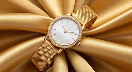 Elegant gold wristwatch with diamond embellishment on luxurious silk fabric
