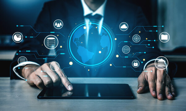A global business network and digital infrastructure concept. A worldwide connection of services including data, finance, and secure communication. Motif