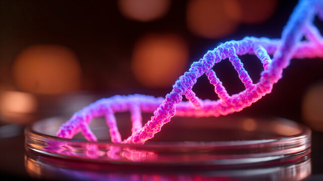 Vibrant DNA structure on lab dish. Colorful DNA strand on a petri dish, showcasing scientific research in a laboratory setting at night.