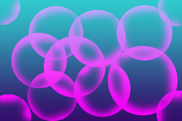 Abstract background with glowing pink translucent bubbles and spheres on a gradient blue and teal backdrop