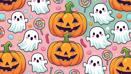 Fototapeta premium Halloween Pattern with Smiling Pumpkins Cute Ghosts and Colorful Lollipops Festive Background Vector Illustration