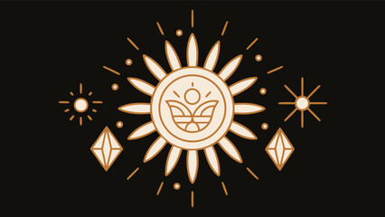 Sun logo design templates. Vector set of linear boho icons on black.