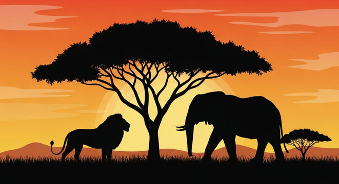 African savanna sunset lion and elephant silhouettes acacia - Powered by Adobe