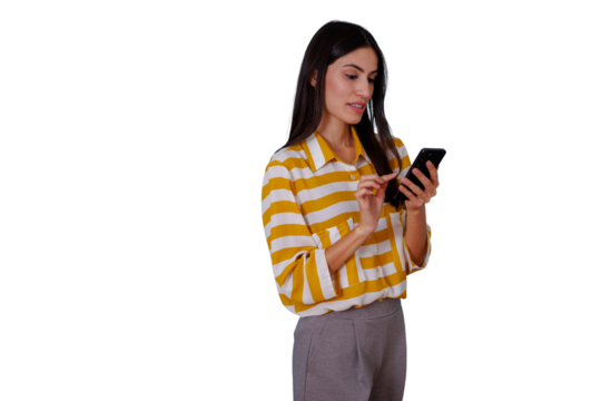 Young woman interacting with mobile phone, browsing social media, texting, or online shopping on transparent background