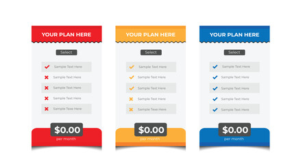 Red, Yellow, and Blue Pricing Plans Table with Select Button and Feature Lists Shown