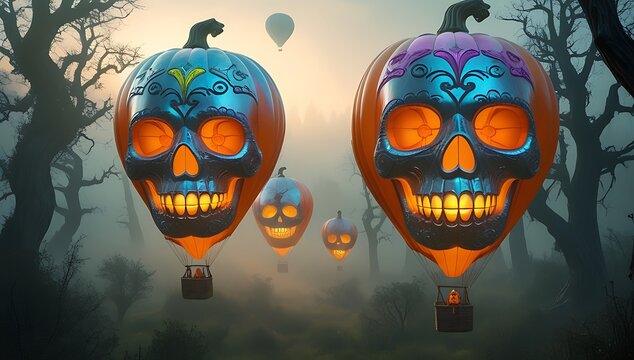 Halloween Pumpkin Skull Hot Air Balloons Floating in Foggy Forest Nighttime Spooky Scene Surreal and Festive