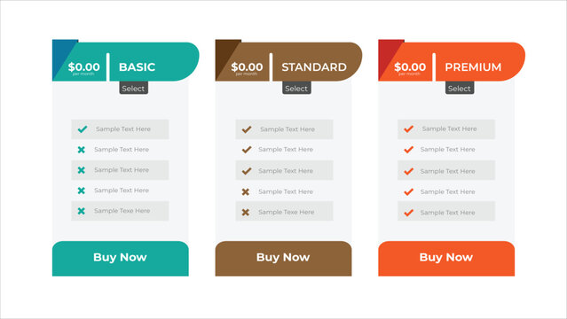 Three Pricing Table Comparison Basic, Standard, and Premium Plans with Features and Buy Now Buttons
