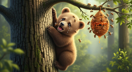 Obraz premium Crying Baby Bear Cub Climbing Tree Near Beehive Dripping with Honey in Forest