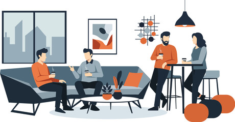 Four people socializing in a modern living room, two sitting on a sofa and two standing near a table, all holding drinks.
