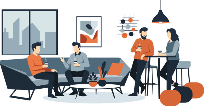 Four people socializing in a modern living room, two sitting on a sofa and two standing near a table, all holding drinks.