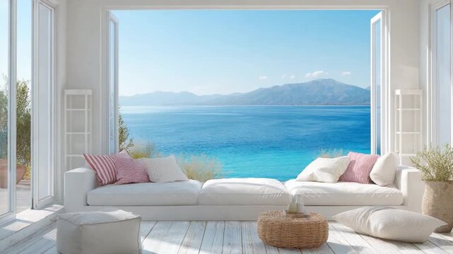 Serene Coastal Interior: Modern interior space opens to breathtaking seaside views, a coastal escape. A living room with soft furnishings. inviting light & airy vibes.