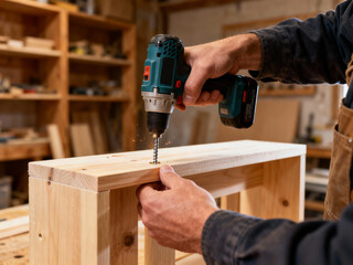 Muscular hands driving screw with impact driver into wooden assembly against cozy workshop with wooden shelves background creating atmosphere of quality work and masculine craftsmanship.