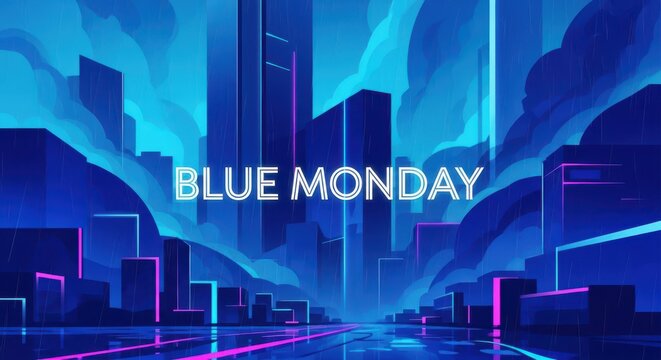 A futuristic cityscape with tall buildings illuminated by neon lights, featuring the text blue monday prominently displayed, evoking a sense of modern urban atmosphere and digital art