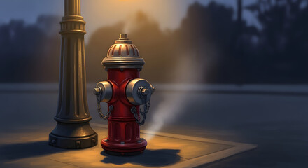 Charming vintage fire hydrant under a warm street lamp evokes a sense of nostalgia and safety, perfect for urban planning visuals or community safety campaigns.