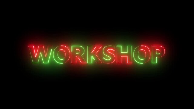Glowing neon Workshop text icon animation font letter word banner sign clip art poster template signboard .