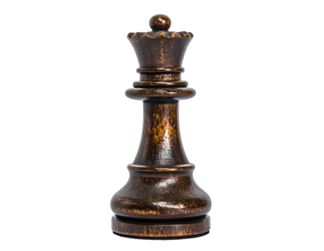 A brown-toned wooden chess queen piece stands centrally isolated against a stark black background in studio lighting