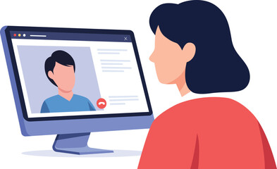 Woman in red shirt video conferencing with a man on a computer screen.