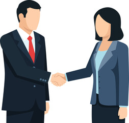 Two business people, a man and a woman, shaking hands in agreement, wearing professional attire.