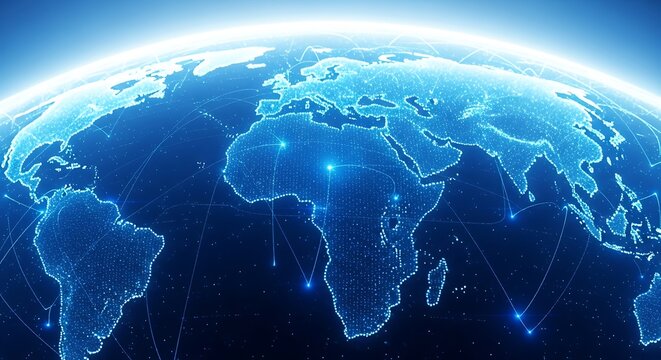 Glowing light connects the world in a network represented by a blue dotted globe
