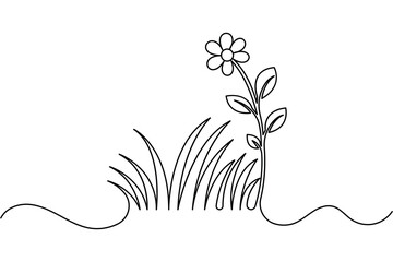 Continuous one line drawing of grass and flower minimalist vector art
