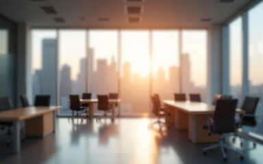 Blurred large modern office workspace in the morning , interior workplace with cityscape for business presentation background, AI generated. High quality