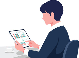 A man in a suit analyzes data charts on a tablet, sitting at a desk with a cup of coffee.