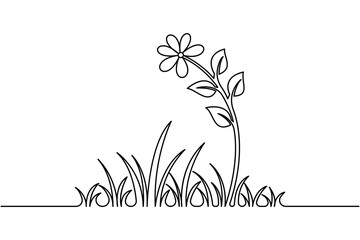 Elegant grass and flower line drawing isolated on white background
