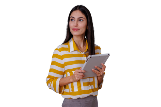 Young woman holding digital tablet and looking away, thinking about business success, transparent background