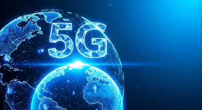 Glowing 5G text hovers between two illustrated world globes against a dark blue background