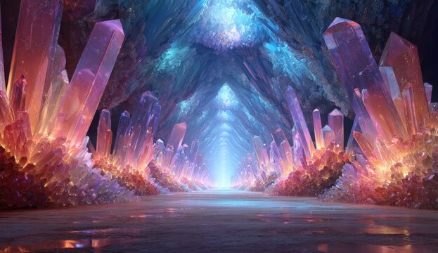Vivid Crystal Cave with Glowing Geodes and Illuminated Mineral Formations