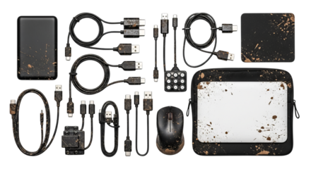 Rugged tech gear with mud splatters, diverse electronic accessories for outdoor adventures and data transfer needs