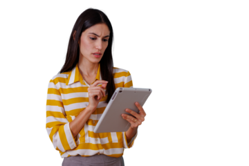 Woman reading on a portable tablet with a worried and confused face, thinking about an issue, transparent background