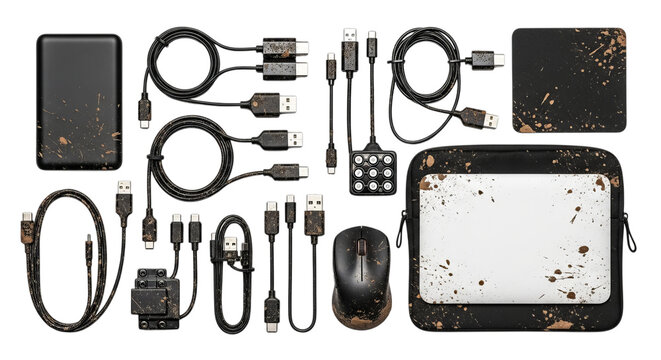Rugged tech gear with mud splatters, diverse electronic accessories for outdoor adventures and data transfer needs