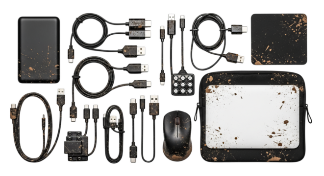 Rugged tech gear with mud splatters, diverse electronic accessories for outdoor adventures and data transfer needs