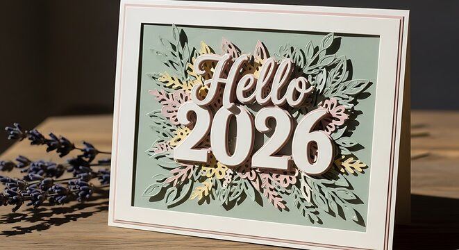 Greeting card wishing hello to 2026 with beautiful floral paper craft design