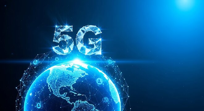 Glowing polygonal 5G text hovers above a network connected world globe on dark blue