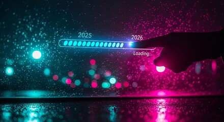 Loading bar showing the progress towards the year 2026 with a hand touching the screen isolated on transparent background