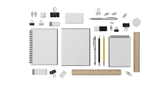 Professional office stationery essentials arranged neatly on a clean white background, perfect for branding mockups.